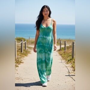 NWT Tie-Dye (S/M) Maxi Dress Flowy Green White Adjustable Spaghetti Straps